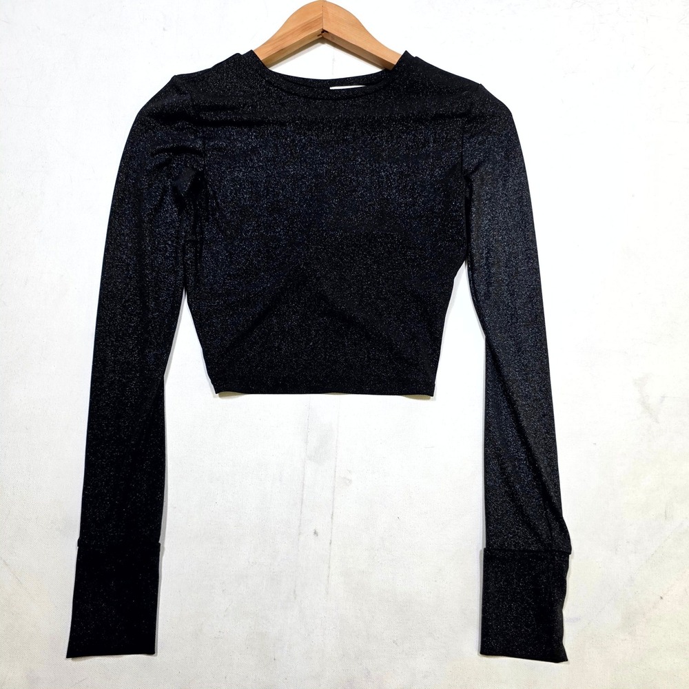 Open Edit Crop Top Womens XXS Black Metallic Shimmer Twist Back Long Sleeve